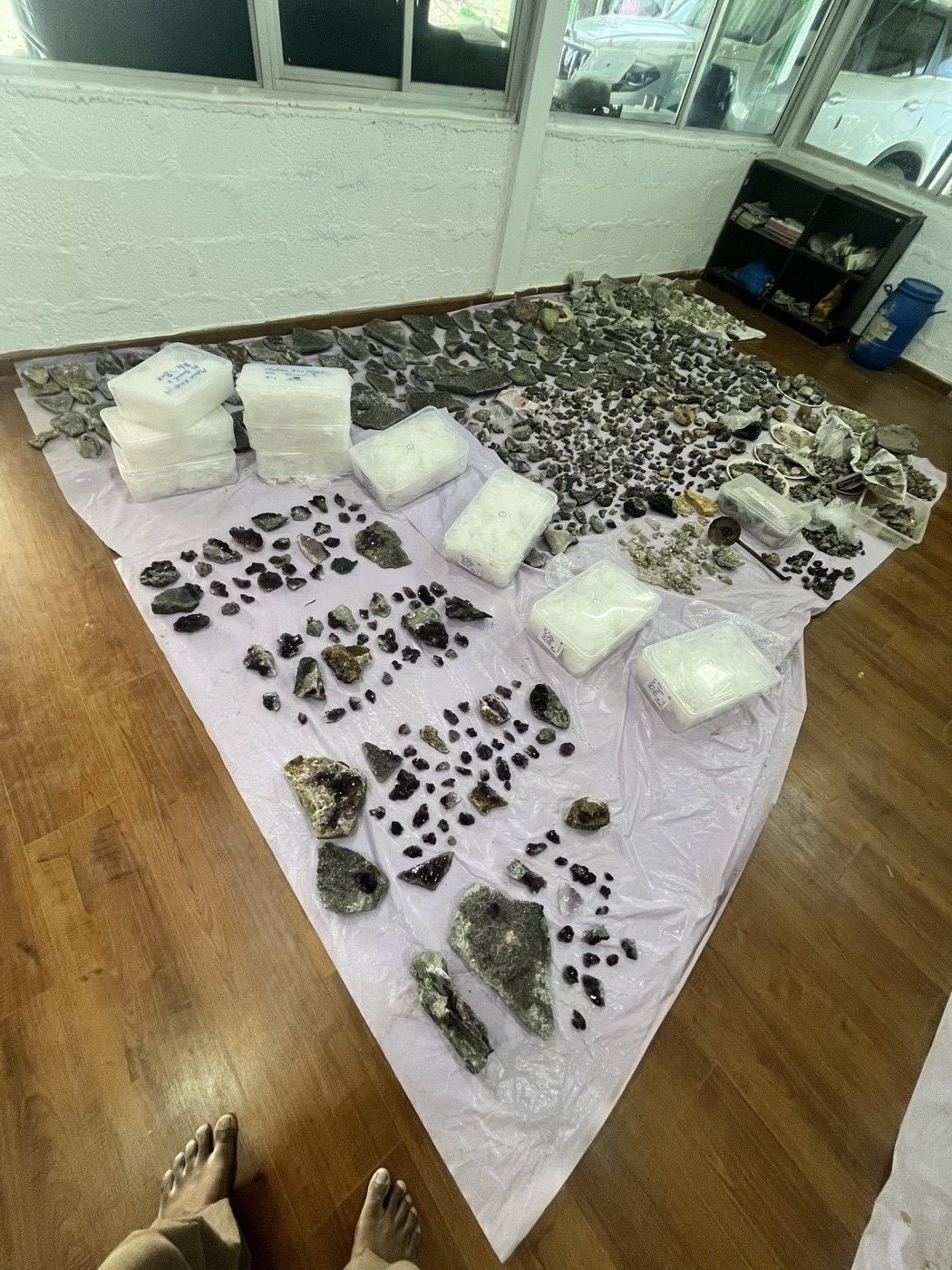 The full Karur amethyst stock laid out
